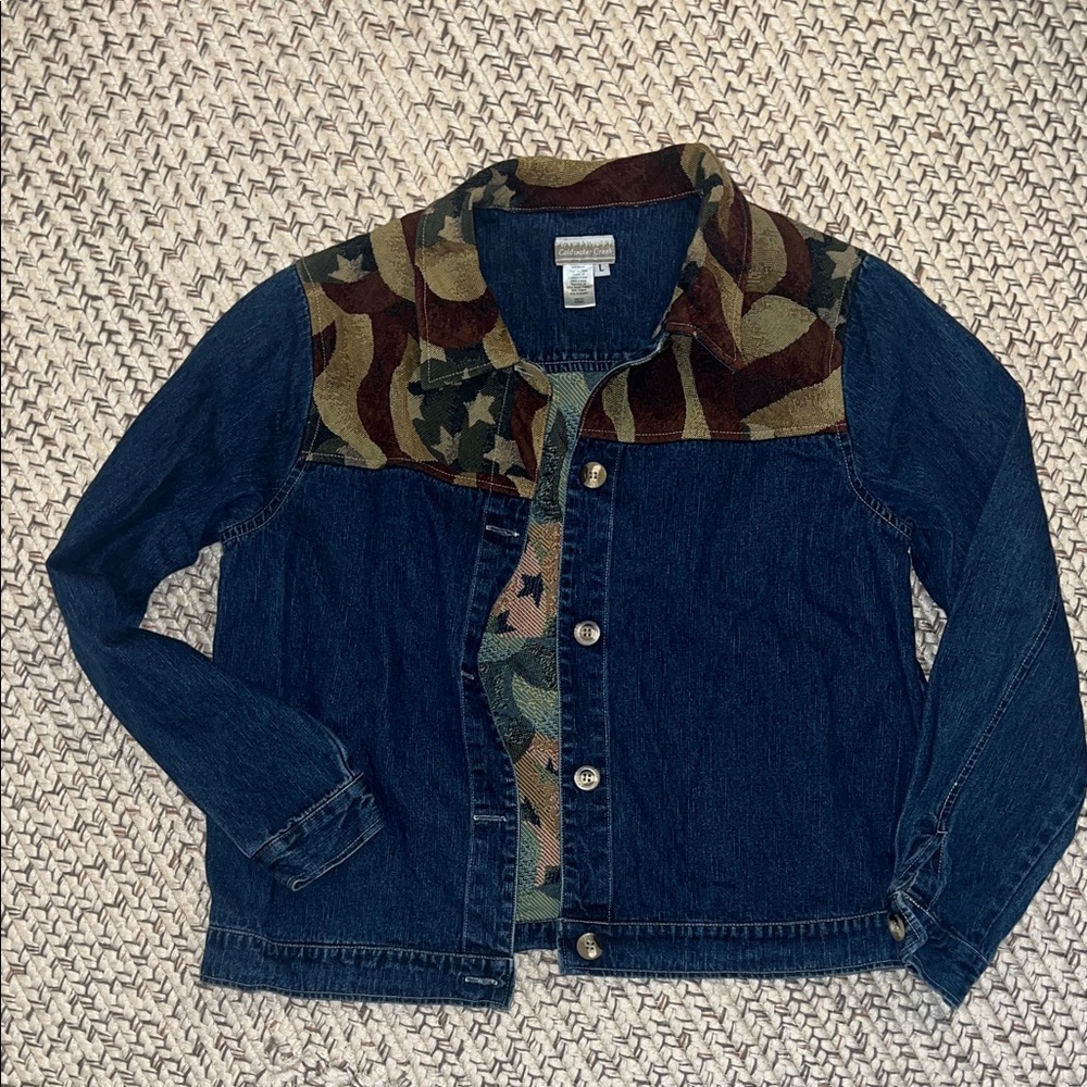 Coldwater Creek Blue Denim Jacket with Flag Design